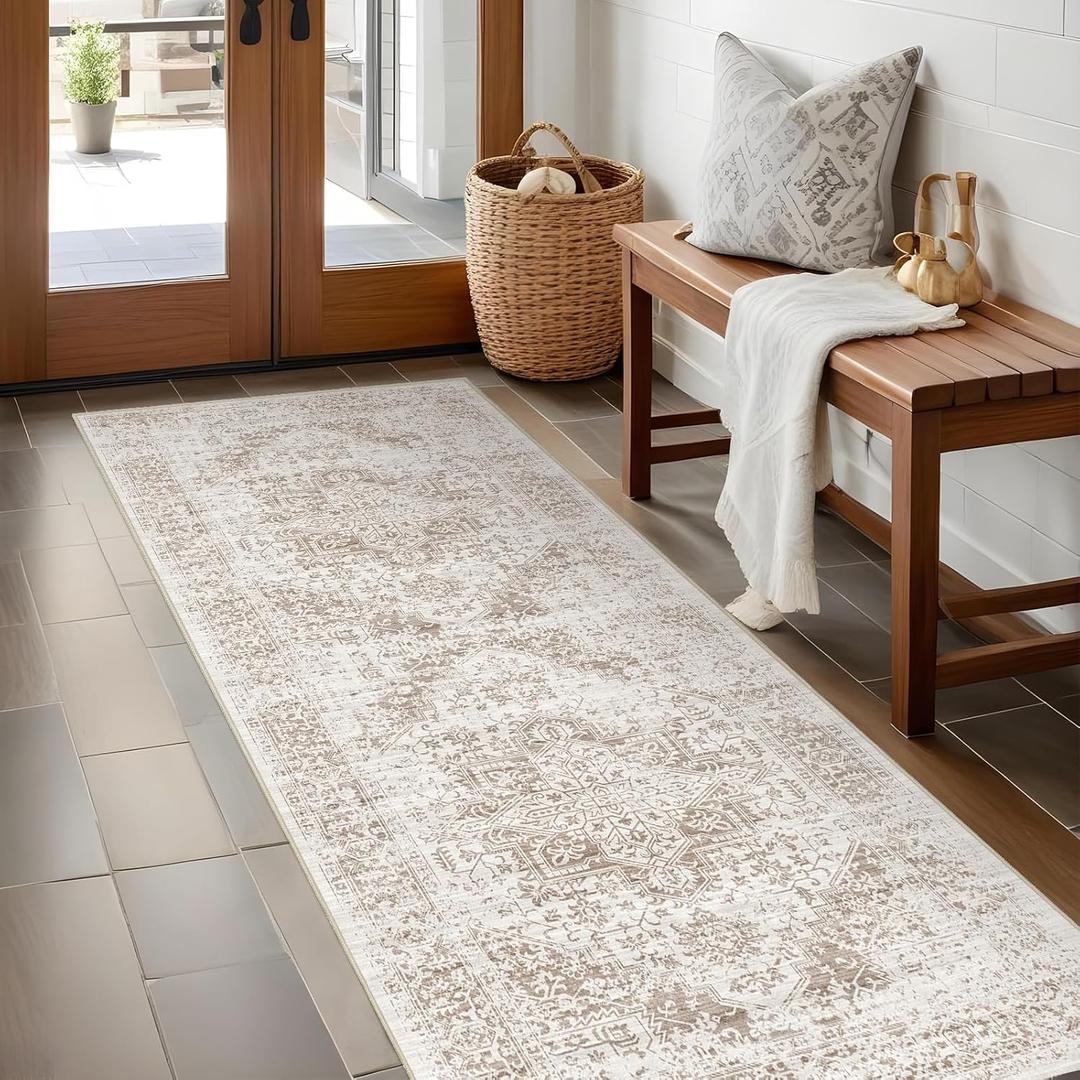 Hallway 2x5 Runner Rug - Vintage Non-Slip Long Rug for Entryway Low-Pile Washable Medallion Rugs for Hallway Waterproof Traditional Indoor Thin Rugs for Kitchen (Beige)