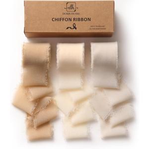 DORIS HOME Nude and Ivory Chiffon Ribbon for Flower Bouquet, 1.5" x21Yd Fabric Ribbon for Gift Wrapping, Handmade Frayed Ribbon for Wedding Christmas Decorations