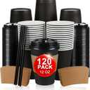 RAZCC 120 Pack 12 oz Paper Coffee Cups Set, Disposable Black Coffee Cups with Lids, Sleeves and Stirring Sticks, Fit For Cold and Hot Drinks