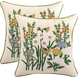 Holibeat Embroidery Floral Pattern Throw Pillow Covers 18x18 Inches, Set of 2 Couch Pillows Case for Bed Living Room Chair, No Insert (Yellow, 18 * 18 inch)