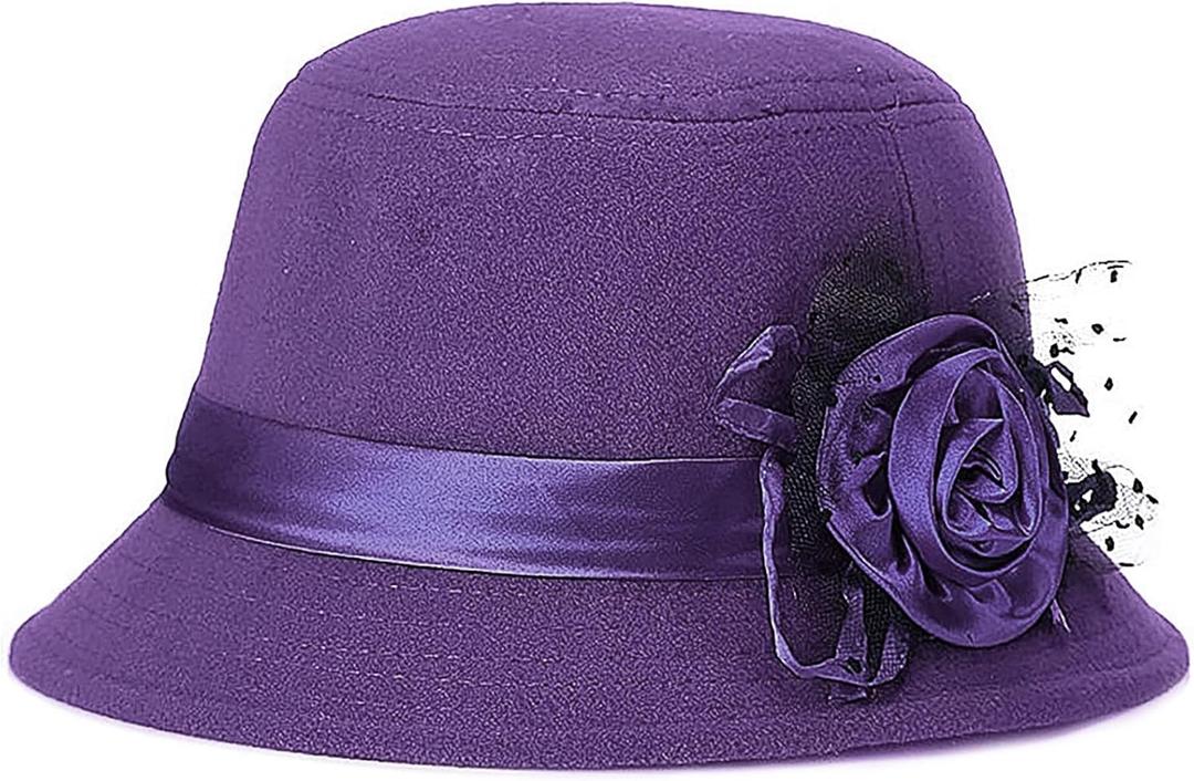 Glamorstar Vintage Felt Cloche Hat Winter Floral Fedora Bucket Hat Bowler Hats (One Size, Purple)