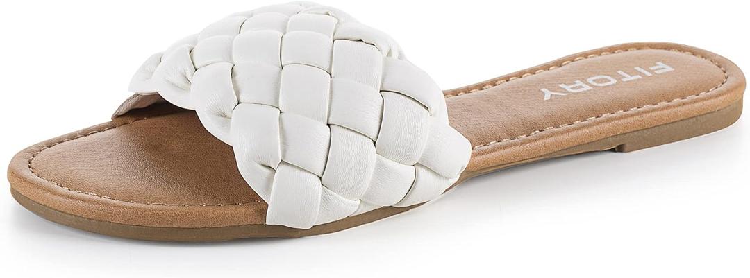 Womens Flat Sandals Fashion Round Open Toe Slip On Slides with Braided Strap Slippers for Summer Size 6 White