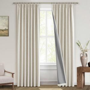 MIULEE Linen Pinch Pleated 100% Blackout Curtains for Bedroom 84 Inch Long 2 Panels Set - Back Tab Track Cream Black Out Curtain for Living Room Darkening Triple Pleat Drapes with Hooks, Natural