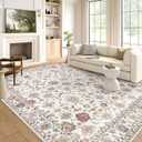 Washable Area Rug 5x7 - Boho Living Room Rug Stain Resistant Soft Bedroom Rug Ultra-Thin Cream Colorful Vintage Traditional Floral Dining Room Rugs for Under Table Indoor Carpet for Living Room