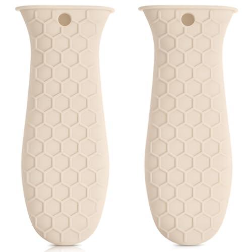 Patelai 2pcs Silicone Handle Cover for Cast Iron Skillet Kitchen Silicone Handles for Pots and Pans Non-Slip Pot Holder Sleeve for Fry Pan Griddles Metal Aluminum Cookware(Beige)