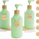 Shampoo and Conditioner Dispenser Set of 3, 16OZ Refillable Green Shampoo and Conditioner Bottles Extra-Thick Plastic Empty Body Wash Dispenser with Pump and Tray Tags Bathroom Shower Soap Dispenser