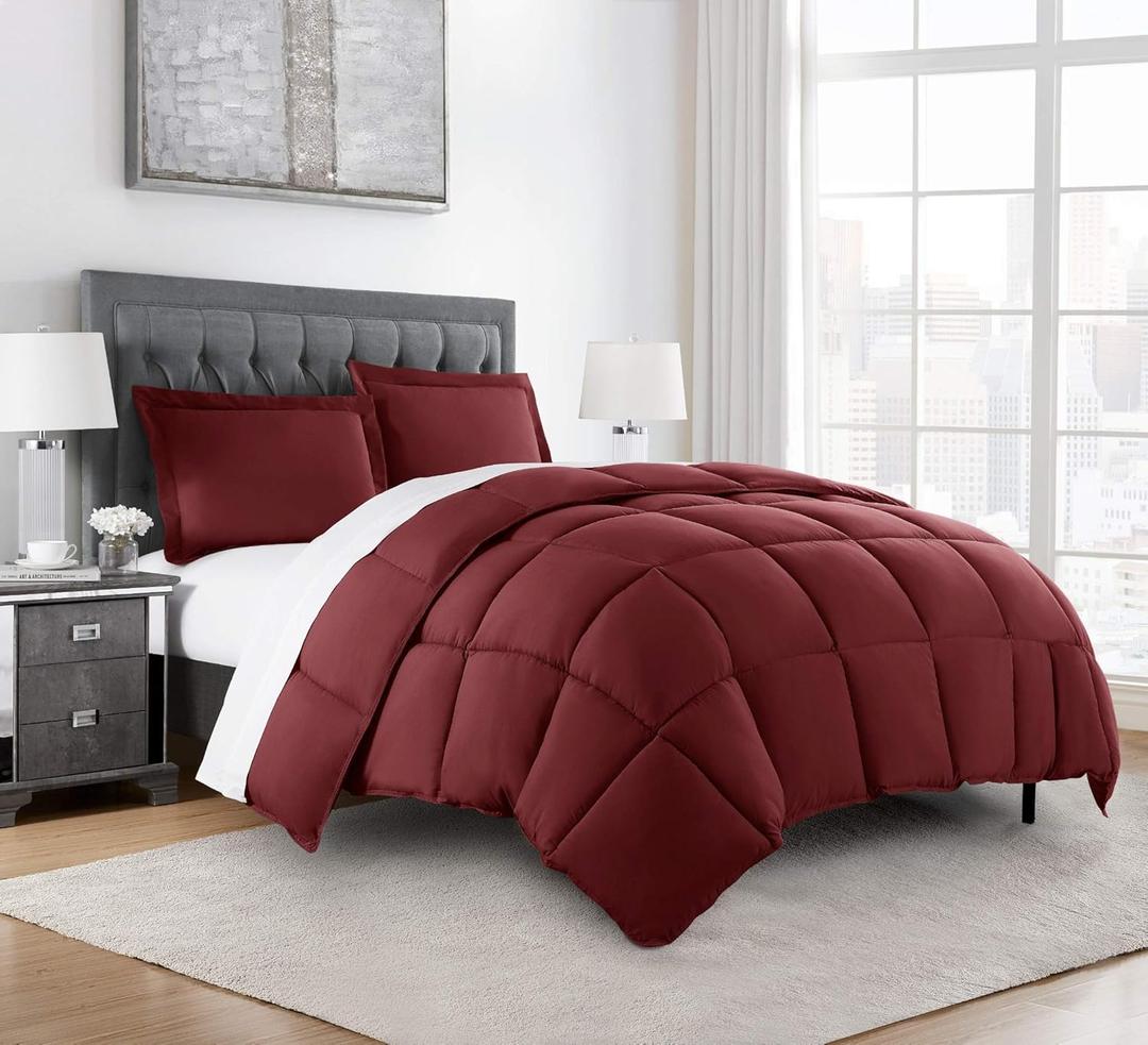 Chezmoi Collection 3-Piece All Season Oversized King Comforter Set Burgundy, Soft Quilted Down Alernative Duvet Insert with Corner Tabs, Lightweight Microfiber Bedding, 110 x 96 Inches