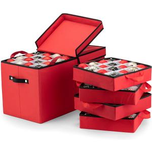 ZOBER Christmas Ornament Storage Box - Stores 128 3" Ornaments with Individual Trays - Tear Proof 600D Oxford Fabric - ornament organizer storage box, Durable Christmas Containers Holder - Red
