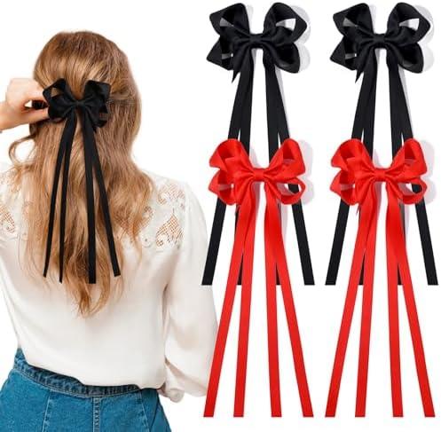 4 PCS Hair Bows Ribbon for Women Hair Clip Black Red Satin Bow with Long Tassel Hair Bow Accessories for Women Girls Toddlers Teens Kids