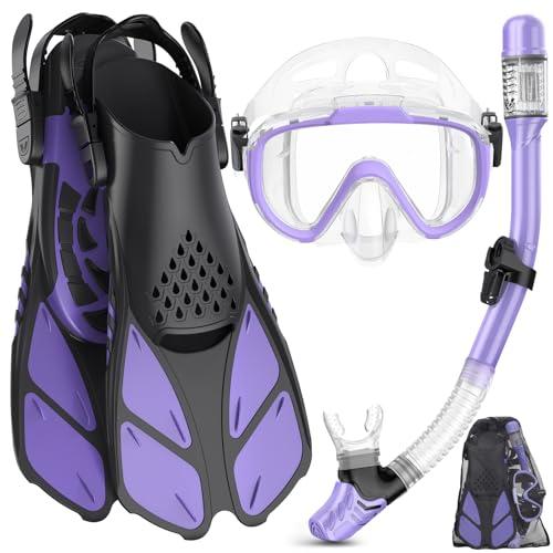 Ubekezele Snorkeling Gear for Adults Men Women,4 in 1 Snorkel Set with Panoramic View Diving Mask Anti-Fog Anti-Leak,Dry Top Snorkel,Fins and Travel Bag for Swimming,Snorkeling and Travel Diving