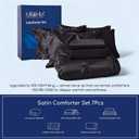 MR&HM Satin Comforter California King 7 Pieces Black - Luxurious Pinch Pleat Bedding Set with Comforter, Flat Sheet, Fitted Sheet, Pillowcases & Shams, Super Silky Soft Bed Set for All Season