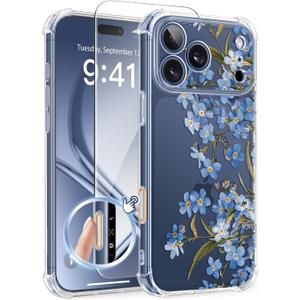GVIEWIN for iPhone 17 Pro Case with Screen Protector, Upgraded [Full Camera Protection] [Non Yellowing] Floral Slim Shockproof Clear Women Phone Cover for iPhone 17 Pro 6.3" (Aconite/Blue)