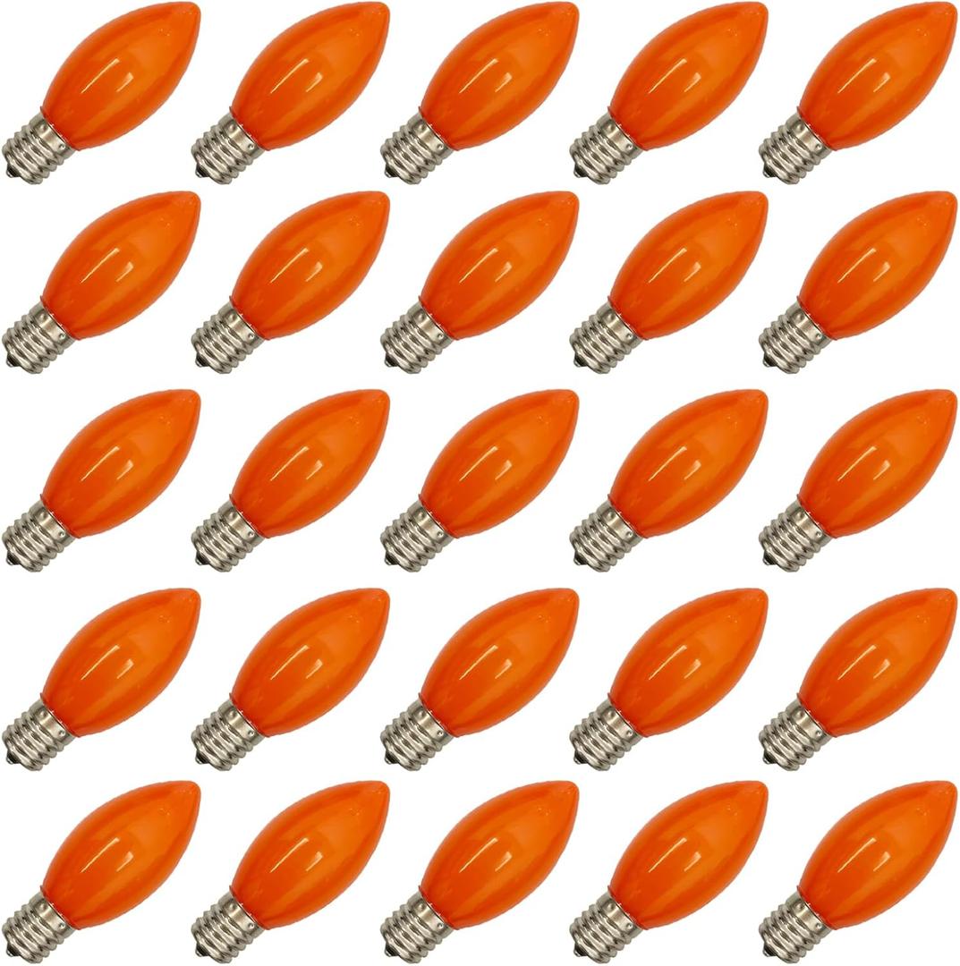 SUNSGNE 25 Pack C9 LED Outdoor Christmas Orange Light Bulbs, C9 Plastic Shatterproof LED Replacement Bulbs for Christmas Outdoor Patio String Lights, E17 Intermediate Base - 0.6 Watts