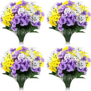Zeyune 50 Bundles Artificial Flowers Outdoor UV Resistant Faux Silk Pansy Flowers Bulk Plastic Fake Plants for Home Wedding Kitchen Garden Table Centerpieces Summer Decor, Purple, Yellow, White