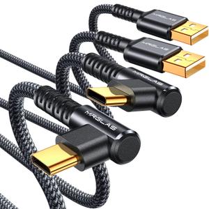 MRGLAS 3.2A USB C Charger Cable, [2-Pack,6.6FT] USB A to USB C Right Angle Cable Gold-Plated Type C Charger Fast Charging Durable Braided Cord for iPhone 17 16 15 Samsung S10 S9 Note 10 S21 LG-Black