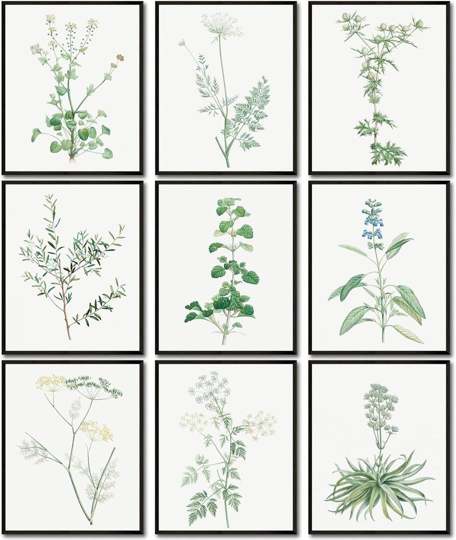 LANCHI95 botanical wall art - Minimalist Aesthetic Rose Collection, Bedroom Wall Art, Sage Green Eucalyptus Leaf Prints for Office (9pcs- 8x10in- UNFRAMED) (Botanical)