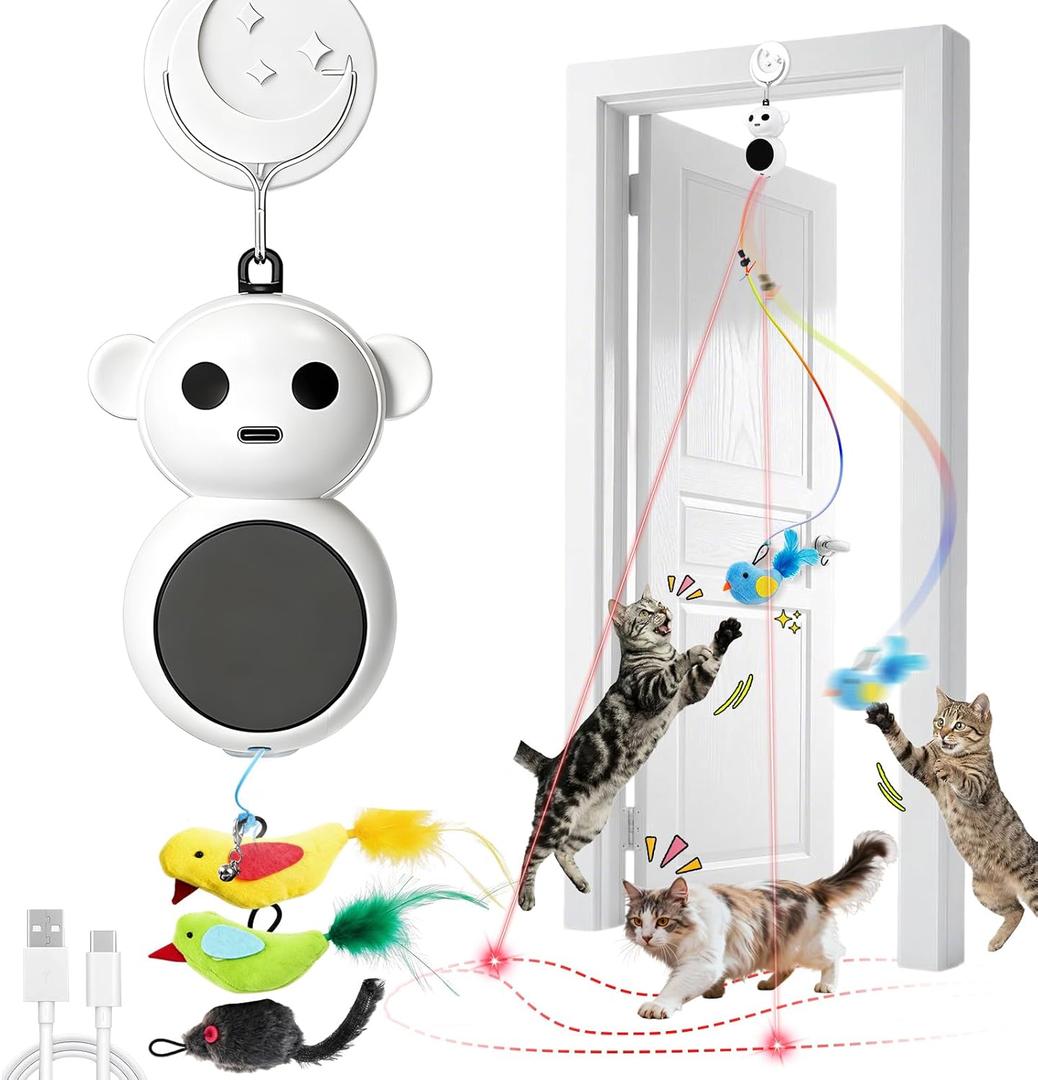 Interactive Cat Toys for Indoor Cats: 2 in 1 Laser Pointer Cat Toy with Automatic Flying Bird & Mouse Wand, Smart Motion Mode Adjustable Speed, USB Rechargeable Safe for Bored Kittens and Adult Cats (White)
