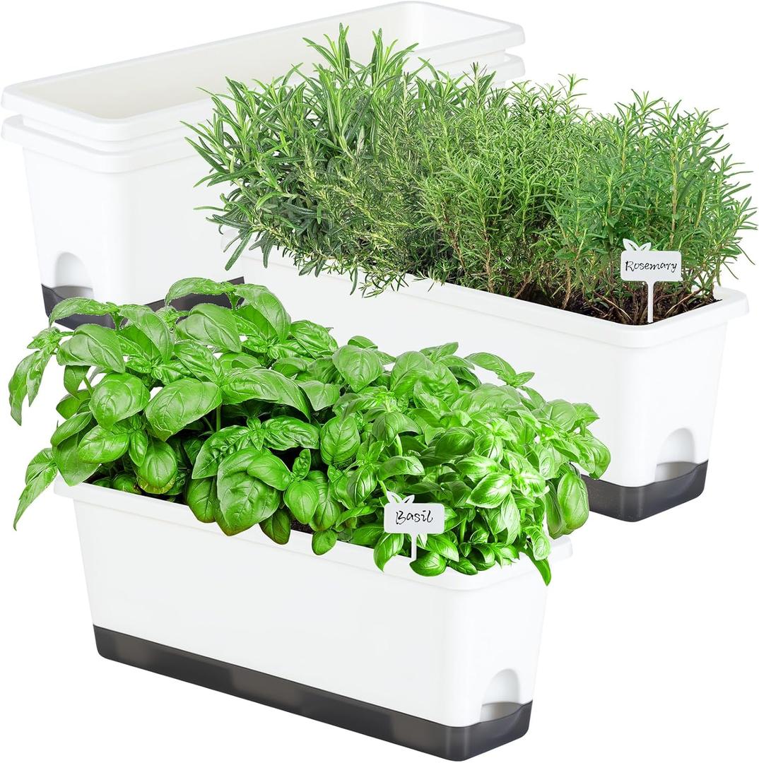 Window Box Planter 4 Packs, 17 Inches Rectangle Flower Pots with Drainage Holes & Trays, Pots for Vegetables, Herbs, Flowers, Garden Windowsill Balcony (White, 17 * 5.1 * 6 inch)