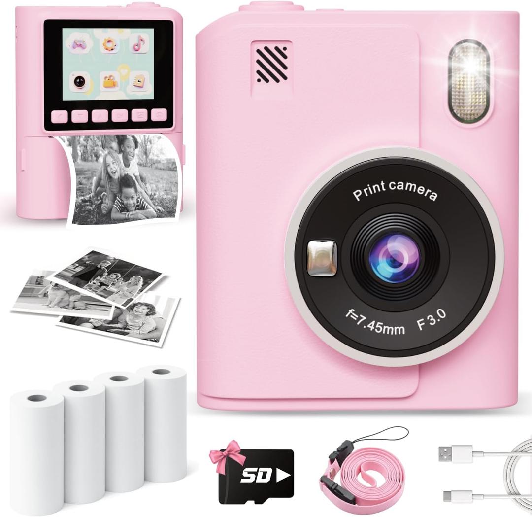 Instant Print Camera for Kids, 1080P Instant Digital Print Cameras for Toddler, Portable Toy for 4 5 6 7 8 9 10 Year Old Girl, Christmas Birthday Gifts for Girls Boys with SD Card Pink