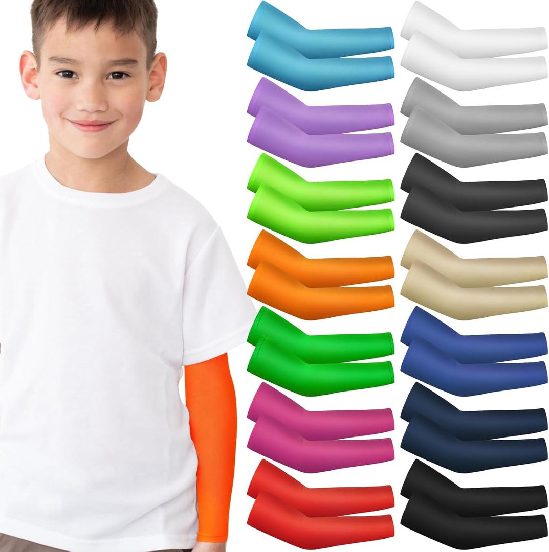 Mepase 14 Pairs Arm Sleeves for Kids UV Sun Protection Cooling Arm Compression Cover Boy Girl Toddler Sport Football (3-7 Age, Solid Color)