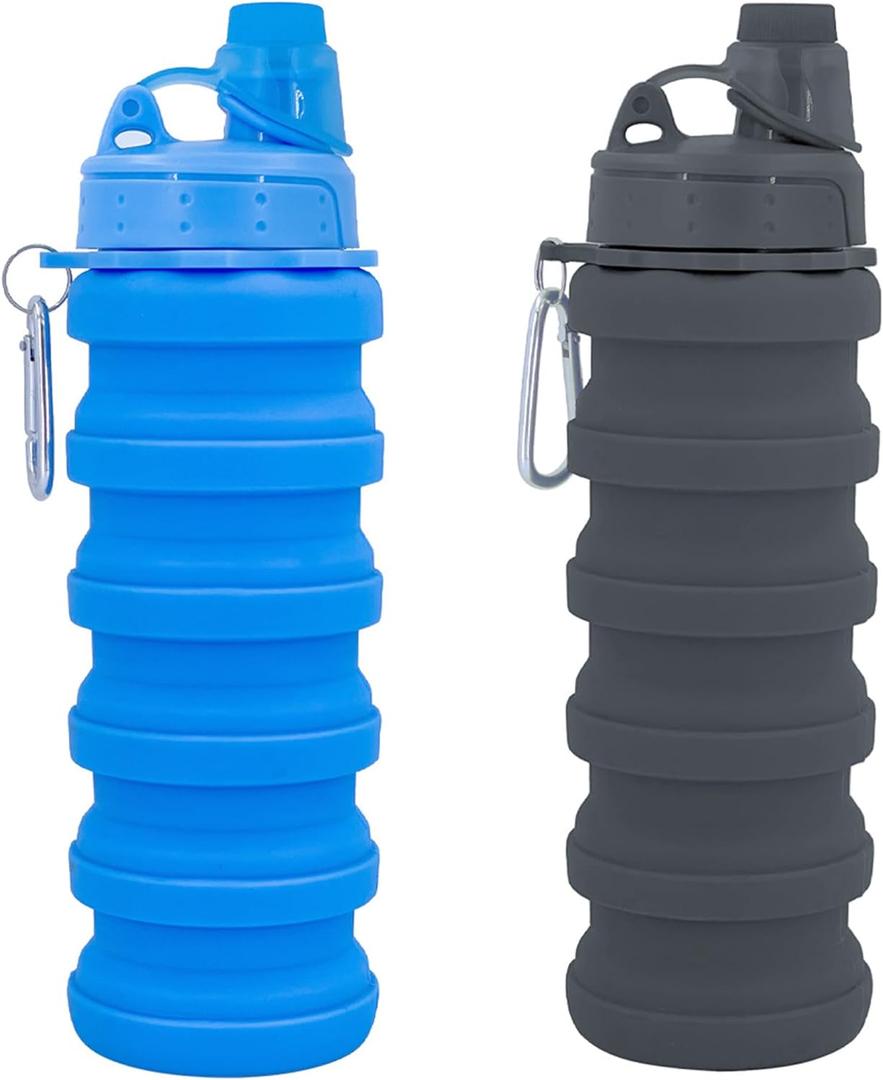 Collapsible Water Bottles Travel water bottle Sports Portable Sport Water Bottle Reusable Water Bottles comes with mountaineering Buckle 500ml silicone Water-proof camping water bottle (Blue+Grey, With Foldable Cups)