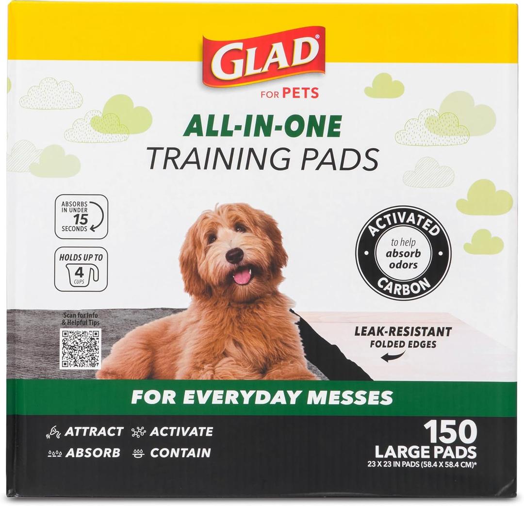 Glad for Pets Black Charcoal Puppy Pads, 23 x 23 Inch, 6-Layer Leak-Resistant Design, Activated Carbon Odor Control, Pheromone Attractant for Potty Training, 150 Count