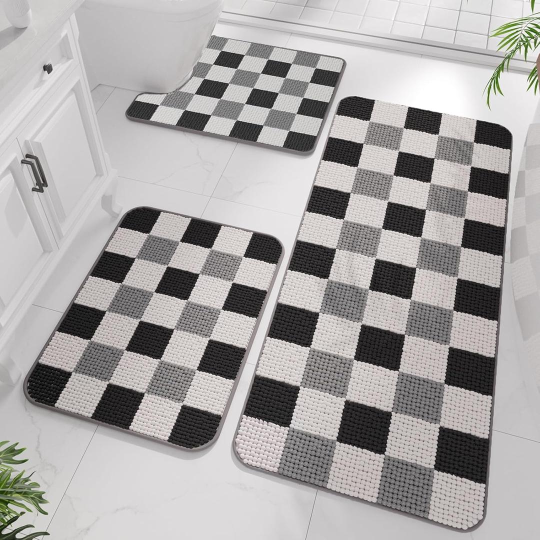 Chenille Bathroom Rugs Sets 3 Pieces Pink, Bath Mat + Contour Mat + U Shape Rugs Set, Upgrade Non-Slip TPR Bottom Machine Washable Checkerboard Bathmat for Tub Shower Room Decor