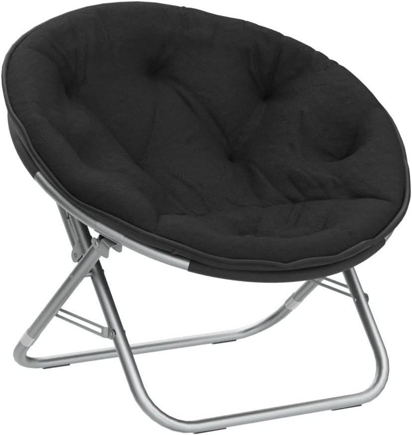 Urban Lifestyle Faux Fur Saucer Chair, Foldable Cozy Accent Chair for Kids, Teens & Adults, Gaming Chair Dorm Chair Bedroom Chair, Metal Frame, Black Faux Fur Seat