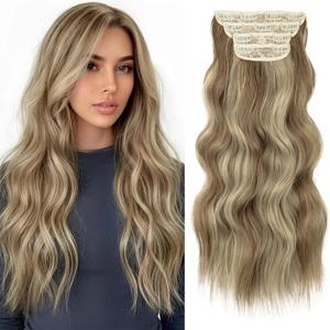 KooKaStyle Clip in Synthetic Hair Extensions Long Wavy 4PCS Thick Hairpieces Ash Blonde Balayage Fiber Double Weft Natural Hair Extensions 20 Inch for Women