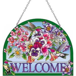 Hummingbird Stained Glass Suncatchers - Welcome Hummingbird Suncatcher, Vibrant Flowers Window Hanging, 7.8''*6.5'', Stained Glass Birds with Suction Cup, Mom Gift