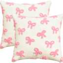 AVOIN colorlife Pink Bow Throw Pillow Covers, 18 x 18 Inch Soft Plush Faux Fur Jacquard Cushion Case Decoration for Girl Gift Bedroom Holiday Home Sofa Couch Set of 2