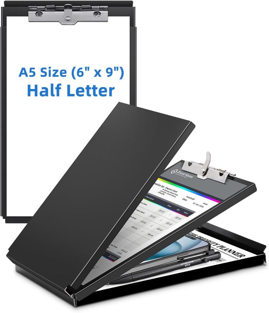 A5 Metal Clipboard with Storage - Memo Size Heavy Duty Recycled Aluminum Clipboard, Binder Form with Privacy Cover, 6x9 Inch Paper Holder for Police, Nurses, Students, and Office Use - Frosted Black