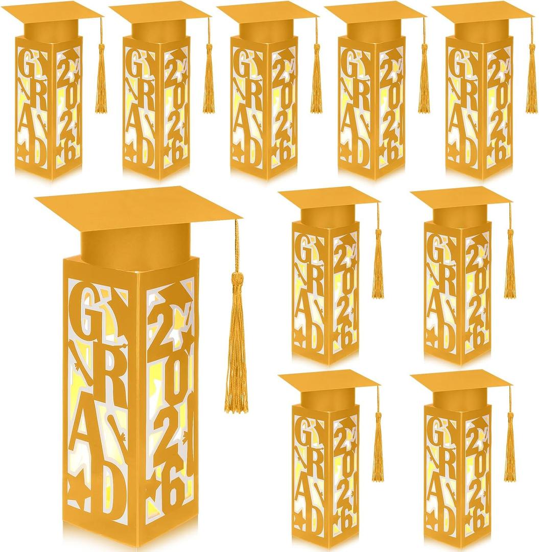 Tellingyou 9 Pcs Graduation Table Centerpieces Boxes 2026 Graduation Lantern Boxes with LED Light Small Cap Table Decorations Congrats School College Photo Props(Grad,Gold)