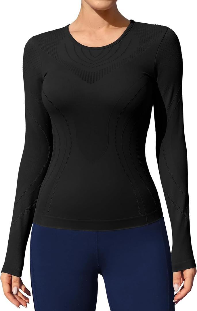 ATTRACO Women's Long Sleeve Shirts Crew Neck Thermal Tops Undershirts Slim Fit Base Layer Breathable (Medium, Black-2)
