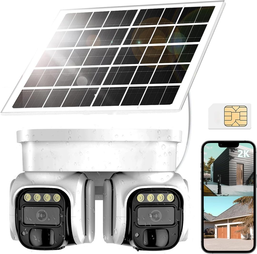 No WiFi Security Camera, 4G LTE Cellular Security Camera, 2K Solar Cellular Cam HD Dual Lens 360 Pan Tilt, Color Night Vision, PIR Motion Detection, IP66 Waterproof with Pre-Installed SIM (QIUQIU)