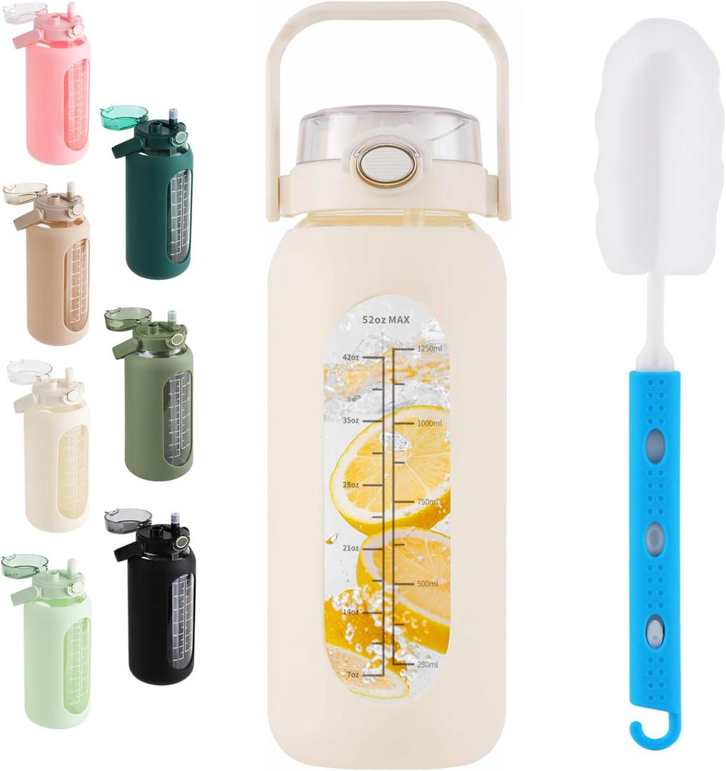 Glass Water Bottle with Straw and Handle Lid Half Gallon Motivational Glass Bottle with Silicone Sleeve and Time Marker Large Reusable Sports Water Jug for Gym Home Workout