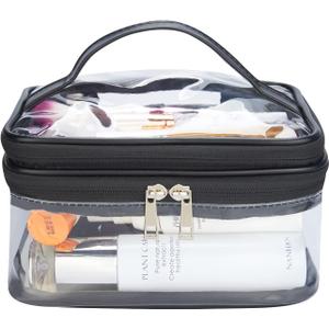 HAOGUAGUA Double Layer Clear Cosmetic Bag Makeup Bag, Waterproof Travel Toiletry Bag, Transparent PVC Hair & Nail Accessories Pouch Beach Bag Organizer (Black)