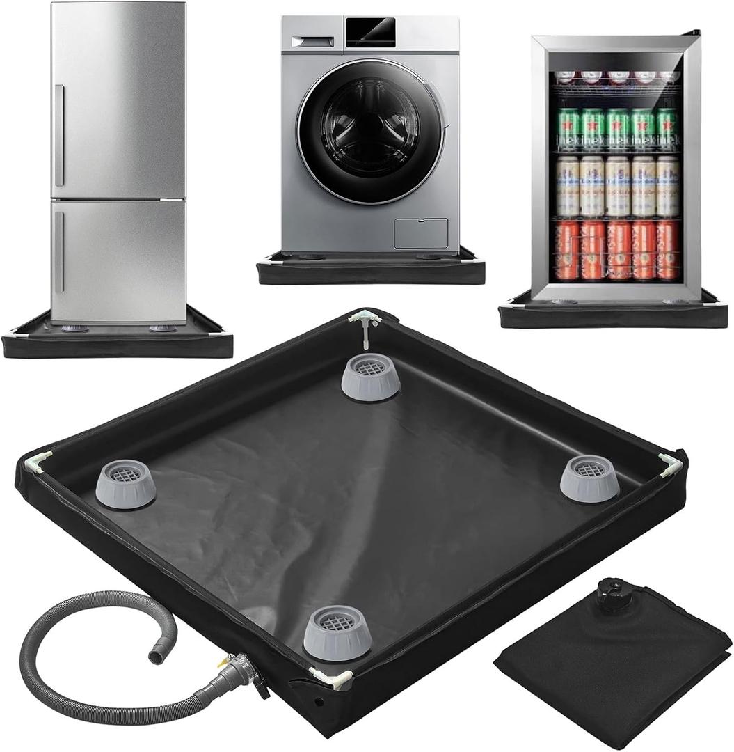 Wibeelee Washing Machine Pan 31.9 X 31.9 X 2.7 Inch Washing Machine Drain Pan with 4 PCS Anti-Vibration Foot Pads and Drain Hole Hose for Washer Dryer Floor Protection