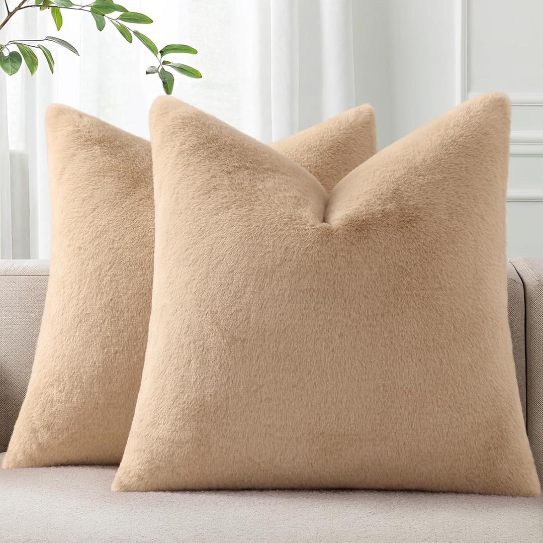 Pallene Faux Fur Plush Throw Pillow Covers 22x22 Set of 2, Soft Fluffy Couch Pillow Covers for Living Room, Khaki