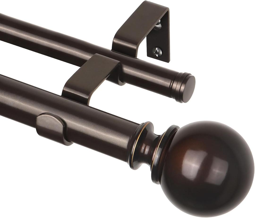 KAMANINA 1 Inch Curtain Rod 72 to 144 Inches(6-12 Feet), Telescoping Double Bronze Curtain Rod for Windows 66 to 120 Inches, Long Drapery Rods with Round Finials