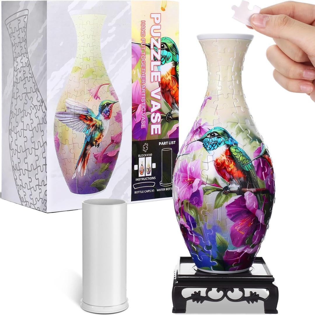 3D Puzzle Vase Puzzle Flower Vase Crafted from 160 Curved Plastic Puzzle Pieces 3D DIY Housewarming Gift for Flower Arrangements and Home Decoration(Trochilus)