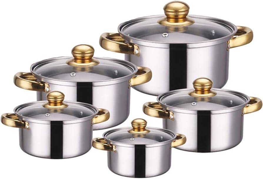 Stainless Steel Cookware Set, 10-Piece, Gold Handles, Glass Lids