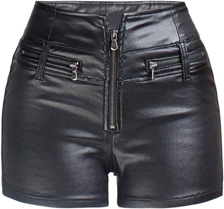NASUN Womens Casual Faux Leather Shorts High Waist Stretch Disco PU Coated Shorts (Small, Black)