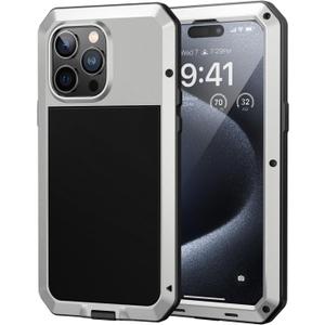 Lanhiem for iPhone 15 Pro Metal Case, Heavy Duty Shockproof Tough Rugged Case with Built-in Glass Screen Protector, 360 Full Body DustProof Protective Cover for iPhone 15 Pro 6.1", Silver