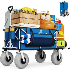 Navatiee 260L Beach Wagon with Extended Tailgate, 440lbs Heavy Duty Beach Cart with 9 Big Balloon Wheels for Sand, Collapsible Folding Wagon with Side Pocket for Outdoor, Blue
