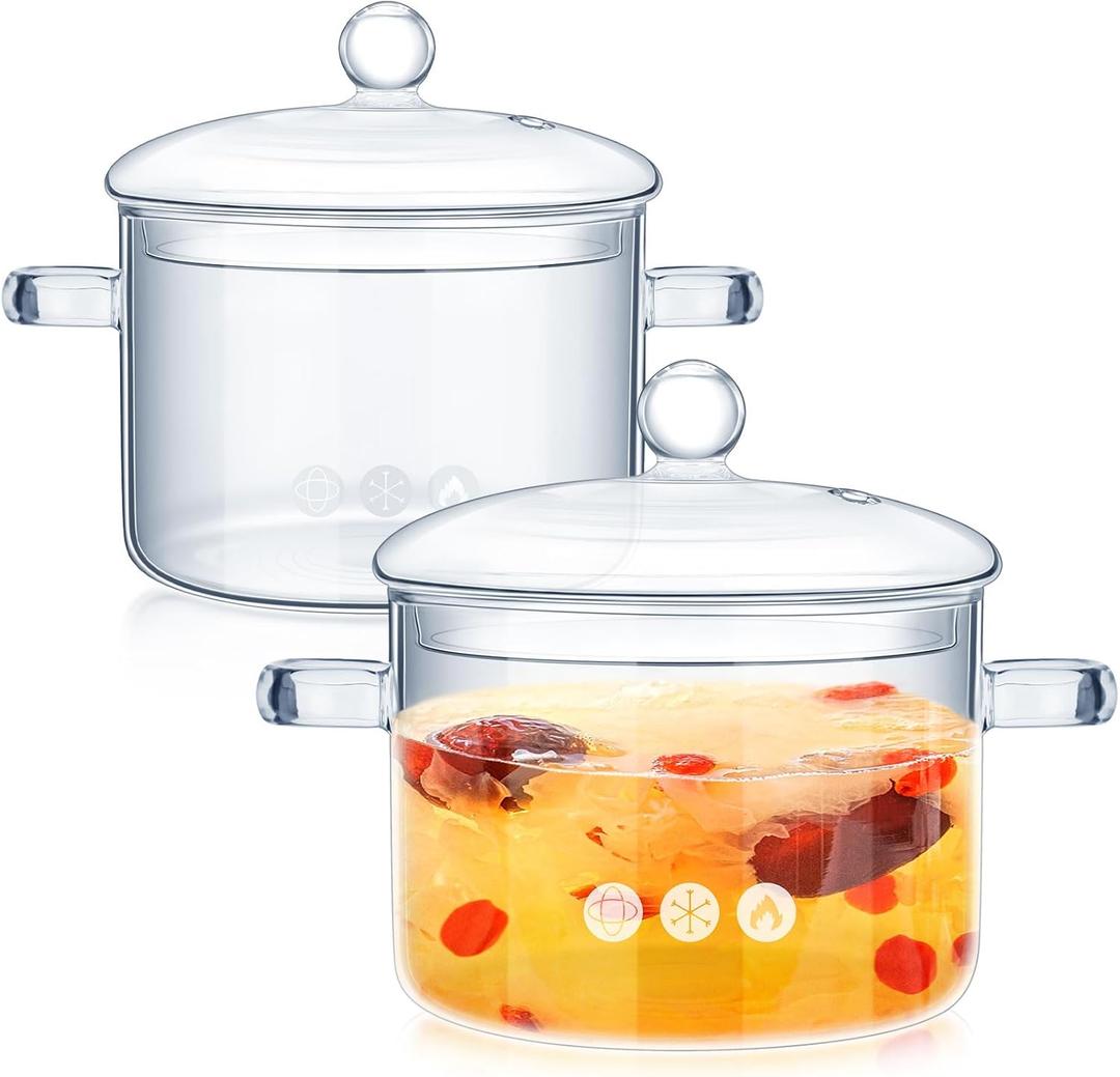 Zubebe 2 Pcs Glass Pots for Cooking on Stove Set Glass Saucepan with Cover Heat Resistant Clear Pots and Pans Set Stovetop Cookware Simmer Pot with Lid for Soup Milk(1.5 L, 1.9 L)