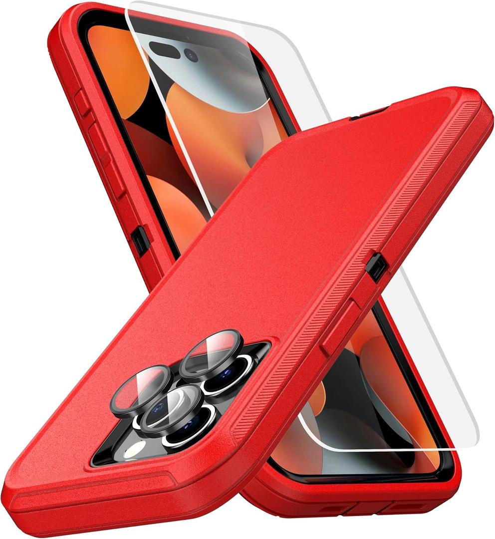 MXX Heavy Duty Made for iPhone 15 pro Max Case with Tempered Glass Screen, Camera Lens Protector 3-Layer Full Body Protection Shockproof Dustproof Cover for 15 pro Max Phone Case 6.7" (Red/Black)