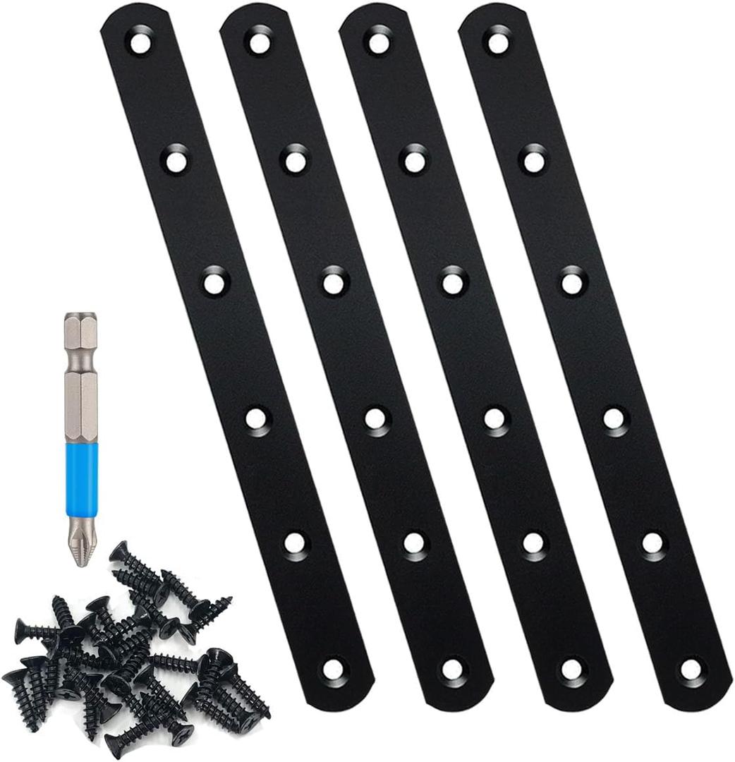 QSJ 4 Pcs Black Straight Bracket Brace Stainless Steel Brackets 195mm / 7.67" Brace for Wood with Screws and Screwdriver