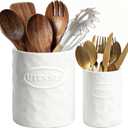 White Utensil Holder Set of 2 Ceramic Cooking Utensil Crock Modern Kitchen Utensil Organizer for Countertop Spatula Spoon and as a Decorative Vase for Housewarming Gift
