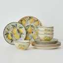 12-Piece Ceramic Dinnerware Set for 4, Lemon Mosaic Printed Plates and Bowls Set, Mediterranean Style Matte Stoneware Tableware for Home Dining & Gifting, Microwave & Dishwasher Safe, Large